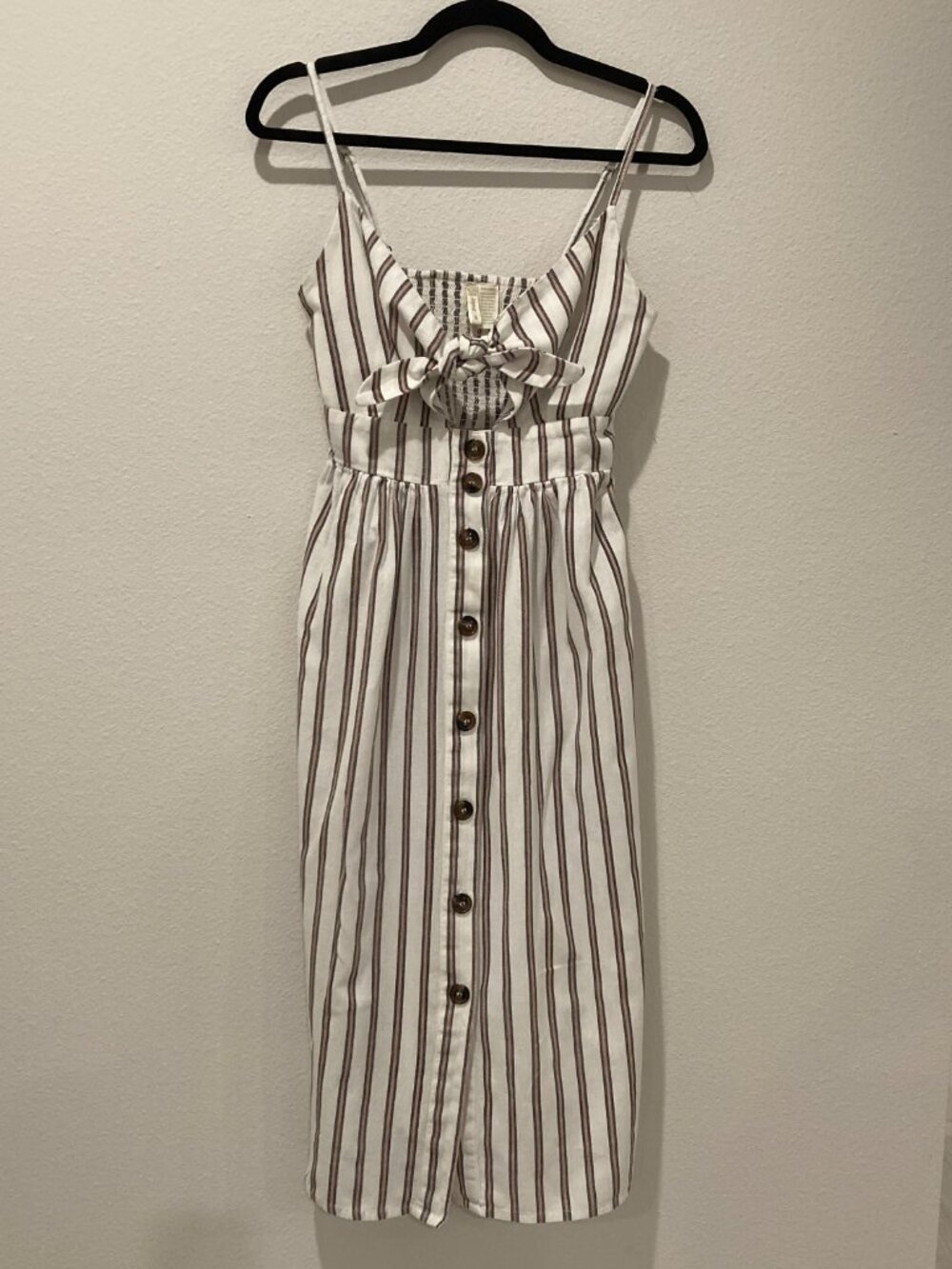 Japna Striped Cotton Cutout Tie Front Button Midi Dress S
